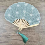 Buddha Stones Retro Large Flower Embroidery Shell Shape Tassels Handheld Bamboo Folding Fan Folding Fan BS 2