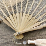 Buddha Stones Rose Embroidery Lace Shell Shape Tassels Handheld Bamboo Folding Fan Folding Fan BS 11