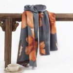 Buddha Stones Tibetan Shawl Artistic Style Hibiscus Syriacus Print Fall Winter Cozy Warm Scarf Wrap Tibetan Shawl BS SteelBlue 190*55cm