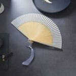 Buddha Stones Flower Plain Handheld Polyester Tassel Bamboo Folding Fan 21cm Folding Fan BS Gray Plain 21cm