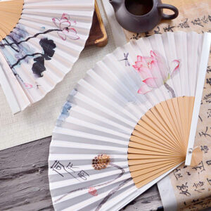 Buddha Stones Chinese Characters Ink Painting Lotus Flower Leaf Landscape Handheld Huayao Crepe Polyester Bamboo Folding Fan 23.3cm Folding Fan BS main