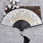 Buddha Stones Cranes Auspicious Clouds Solid Color Gradient Handheld Cotton Linen Fabric Bamboo Folding Fan Folding Fan BS Crane Cloud Black 21cm