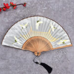 Buddha Stones Cranes Auspicious Clouds Solid Color Gradient Handheld Cotton Linen Fabric Bamboo Folding Fan Folding Fan BS Crane Cloud White 21cm