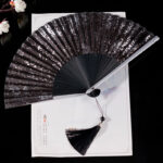Buddha Stones Cranes Auspicious Clouds Solid Color Gradient Handheld Cotton Linen Fabric Bamboo Folding Fan Folding Fan BS Black Silver 22cm