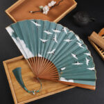 Buddha Stones Cranes Auspicious Clouds Solid Color Gradient Handheld Cotton Linen Fabric Bamboo Folding Fan Folding Fan BS Brown Crane 30cm