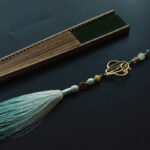 Buddha Stones Dark Green Tassel Hollow Rib Silk Handheld Bamboo Folding Fan Folding Fan BS 12