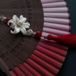 Buddha Stones Red Lily Tassel Hollow Rib Silk Handheld Bamboo Folding Fan Folding Fan BS 10