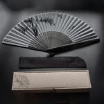 Buddha Stones Ink Bamboo Polyester Handheld Bamboo Folding Fan Folding Fan BS Ink Bamboo 21cm-With Brocade Box&Fan Cover(Pre-Sale)