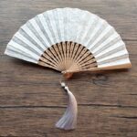 Buddha Stones Solid Color Hollow Flowers Embroidery Cotton Fabric Handheld Bamboo Folding Fan Folding Fan BS Gray-Green (Flower Embroidery)-21cm