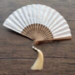 Buddha Stones Solid Color Hollow Flowers Embroidery Cotton Fabric Handheld Bamboo Folding Fan Folding Fan BS White (Flower Embroidery)-21cm