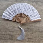 Buddha Stones Solid Color Hollow Flowers Embroidery Cotton Fabric Handheld Bamboo Folding Fan Folding Fan BS Gray-Purple (Four-Leaf Clover Embroidery)-21cm