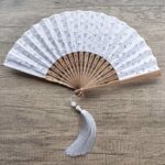 Buddha Stones Solid Color Hollow Flowers Embroidery Cotton Fabric Handheld Bamboo Folding Fan Folding Fan BS Light Gray (Triangle Embroidery)-21cm
