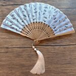 Buddha Stones Solid Color Hollow Flowers Embroidery Cotton Fabric Handheld Bamboo Folding Fan Folding Fan BS Gray-Blue (Flower Hollowing)-21cm