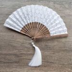 Buddha Stones Solid Color Hollow Flowers Embroidery Cotton Fabric Handheld Bamboo Folding Fan Folding Fan BS White (Circle Embroidery)-21cm