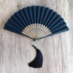 Buddha Stones Solid Color Hollow Flowers Embroidery Cotton Fabric Handheld Bamboo Folding Fan Folding Fan BS Navy Blue (Flower Embroidery)-21cm