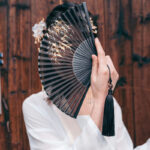 Buddha Stones Black Bamboo Leaf Print Silk Handheld Bamboo Folding Fan Folding Fan BS 8