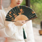 Buddha Stones Flower Persimmon Bamboo Leaves Xiangyunsha Silk Handheld Bamboo Folding Fan Folding Fan BS Yellow flower 21cm