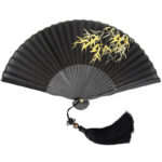 Buddha Stones Black Bamboo Leaf Print Silk Handheld Bamboo Folding Fan Folding Fan BS 2