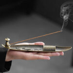 Buddha Stones Fisherman Boat Koi Fish Zinc Alloy Incense Stick Holder Healing Incense Burner Decoration Incense Burner BS Fisherman Koi Fish 21.7*3.9*3.6cm(without incense)