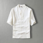 Buddha Stones Casual Plain Color Two Buttons V-neck Three Quarter Sleeve Cotton Men's Shirt Men's Shirts BS White US/UK/AU54，EU64 (9XL)