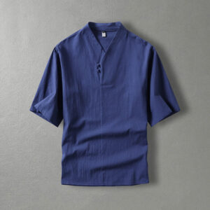 Buddha Stones Casual Plain Color Two Buttons V-neck Three Quarter Sleeve Cotton Men's Shirt Men's Shirts BS DarkBlue US/UK/AU54，EU64 (9XL)