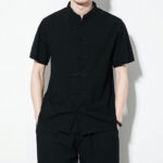 Buddha Stones Casual Solid Color Front Frog Buttons Chinese Tang Suit Short Sleeve Linen Men's Shirt - Black - US/UK/AU46，EU56 (5XL) - image 18