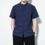 Buddha Stones Casual Solid Color Front Frog Buttons Chinese Tang Suit Short Sleeve Linen Men's Shirt - DarkBlue - US/UK/AU46，EU56 (5XL) - image 1