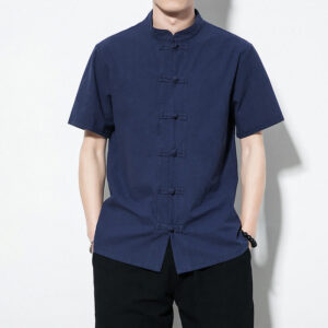 Buddha Stones Casual Solid Color Front Frog Buttons Chinese Tang Suit Short Sleeve Linen Men's Shirt - DarkBlue - US/UK/AU46，EU56 (5XL) - image 1