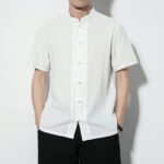 Buddha Stones Casual Solid Color Front Frog Buttons Chinese Tang Suit Short Sleeve Linen Men's Shirt - White - US/UK/AU46，EU56 (5XL) - image 10