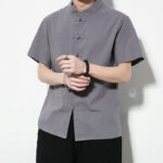 Buddha Stones Casual Solid Color Front Frog Buttons Chinese Tang Suit Short Sleeve Linen Men's Shirt - image 26