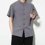 Buddha Stones Casual Solid Color Front Frog Buttons Chinese Tang Suit Short Sleeve Linen Men's Shirt - image 29