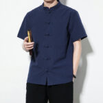 Buddha Stones Casual Solid Color Front Frog Buttons Chinese Tang Suit Short Sleeve Linen Men's Shirt - image 8