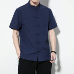 Buddha Stones Casual Solid Color Front Frog Buttons Chinese Tang Suit Short Sleeve Linen Men's Shirt - image 3