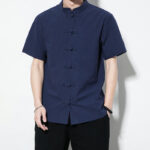 Buddha Stones Casual Solid Color Front Frog Buttons Chinese Tang Suit Short Sleeve Linen Men's Shirt - image 2