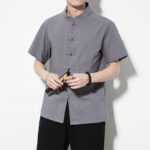 Buddha Stones Casual Solid Color Front Frog Buttons Chinese Tang Suit Short Sleeve Linen Men's Shirt - image 27