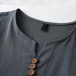 Buddha Stones Solid Color V-neck Three Top Buttons Short Sleeve Cotton linen Men's Shirt Men's Shirts BS 5
