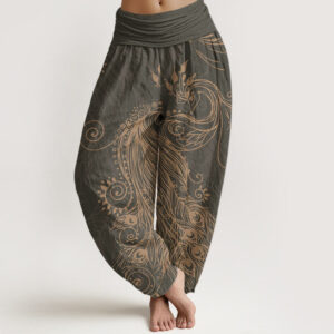 Buddha Stones Casual Peacock Design Women's Elastic Waist Harem Pants - DimGray - US22，UK/AU26，EU54 (6XL) - image 1