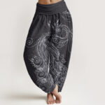 Buddha Stones Casual Peacock Design Women's Elastic Waist Harem Pants - Black - US22，UK/AU26，EU54 (6XL) - image 8