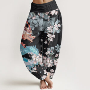 Buddha Stones Casual Dragon Cherry Blossoms Women's Elastic Waist Harem Pants - Black - US22，UK/AU26，EU54 (6XL) - image 1