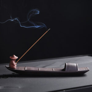 Buddha Stones Fisherman Boat Purple Clay Peace Healing Ceramic Stick Incense Burner Decoration Incense Burner BS 24.4*4*5.4cm
