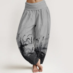 Buddha Stones Wild Grass Pattern Women's Elastic Waist Harem Pants - Gray - US22，UK/AU26，EU54 (6XL) - image 1