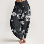 Buddha Stones White Lines Spots Tie-Dye Pattern Women's Elastic Waist Harem Pants - Black - US22，UK/AU26，EU54 (6XL) - image 1