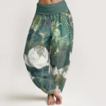Buddha Stones White Lotus Leaves Pattern Casual Women's Elastic Waist Harem Pants - SeaGreen - US22，UK/AU26，EU54 (6XL) - image 1