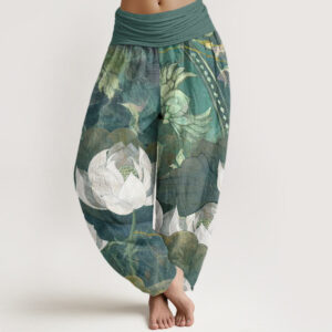 Buddha Stones White Lotus Leaves Pattern Casual Women's Elastic Waist Harem Pants - SeaGreen - US22，UK/AU26，EU54 (6XL) - image 1