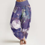 Buddha Stones White Lotus Leaves Pattern Casual Women's Elastic Waist Harem Pants - MediumPurple - US22，UK/AU26，EU54 (6XL) - image 8