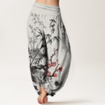 Buddha Stones Plum Blossoms Bamboo Orchids Chrysanthemums Pattern Women's Elastic Waist Harem Pants - image 3