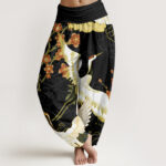 Buddha Stones Cranes Flowers Auspicious Clouds pattern Women's Elastic Waist Harem Pants - Black - US22，UK/AU26，EU54 (6XL) - image 1