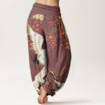 Buddha Stones Cranes Flowers Auspicious Clouds pattern Women's Elastic Waist Harem Pants - image 7