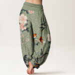Buddha Stones Warbler Bird Blooming Flower Branches Mandala Pattern Women's Elastic Waist Harem Pants - image 3