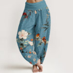 Buddha Stones Warbler Bird Blooming Flower Branches Mandala Pattern Women's Elastic Waist Harem Pants - DarkTurquoise - US22，UK/AU26，EU54 (6XL) - image 5